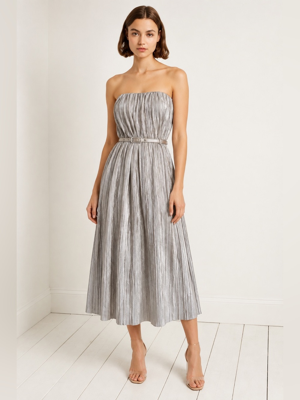 French Connection Fast Lola Strapless Silver Pleated Midi Dress with Belt